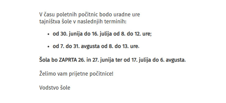 Uradne ure tajništva šole med počitnicami